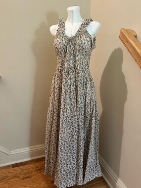 Doen Cream Floral Maxi Dress with Red and Green Accents